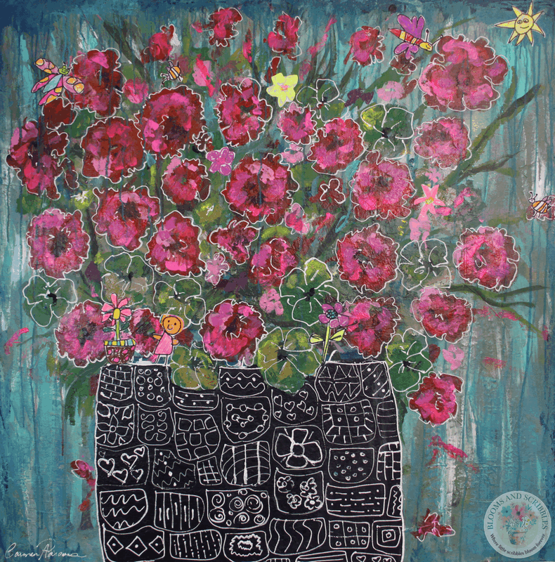 Bianca's Bugs In The Garden - black and white doodle pot with pink red flowers displaying Bianca's Bugs In The Garden
