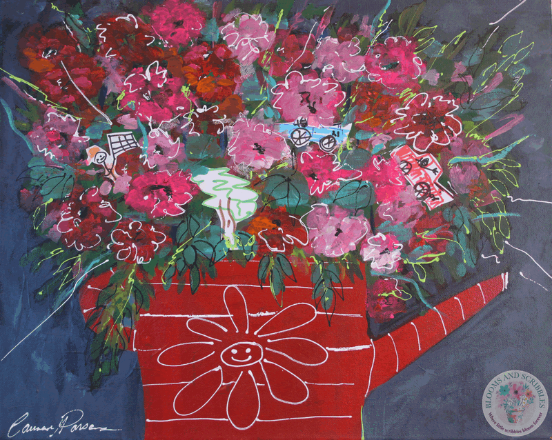 Brandon's Bathurst Bunch - red watering can pot with white flower showcasing Brandon's love for the Bathurst V8 Race