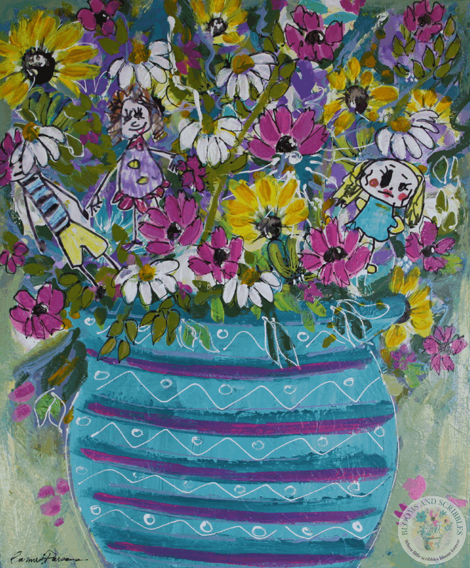 Darcy's Daisy Chaos Crew - teal and purple striped pot showcasing Darcy's family creating chaos in the daisies