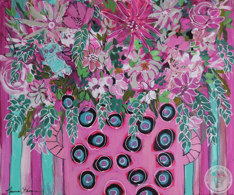 Francesca's Polka Dot Paradise Party - large pink and turquoise pot with mixed flowers hiding Franchesca's friends