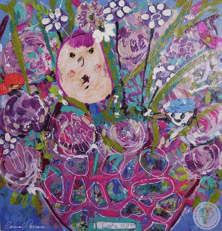 Hattie's "I Love You" Bloom Boom — large pink and teal flower pot with Hattie's drawings carefully collaged among the blooms
