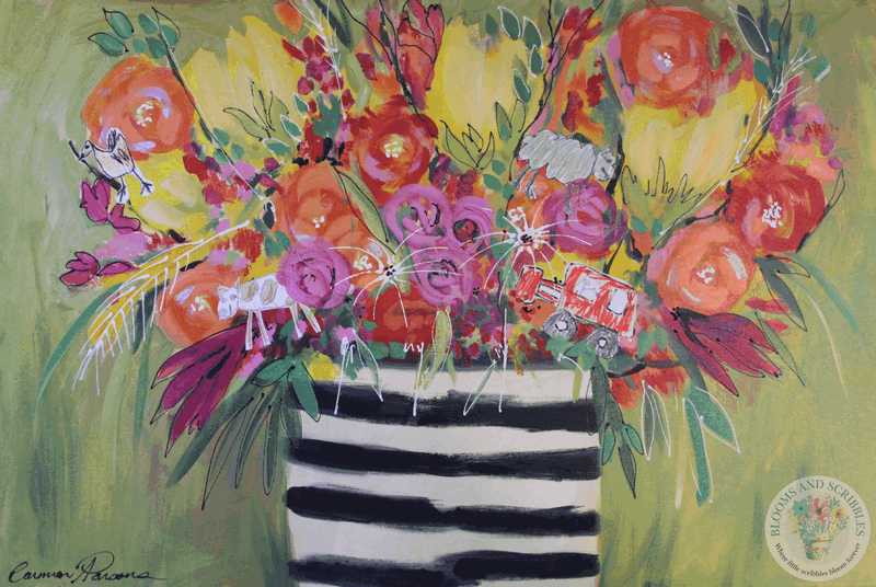 George's Barnyard Bonanza - black and white striped pot showcasing Georges farm scribbles in soft coral, pink and yellow blooms