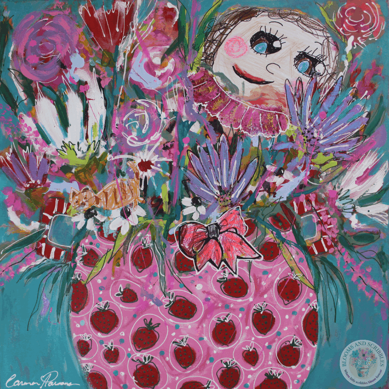 Molly's Mum In A Pot Of Fun - Molly's scribbles collaged into a strawberry pot of fun blooms