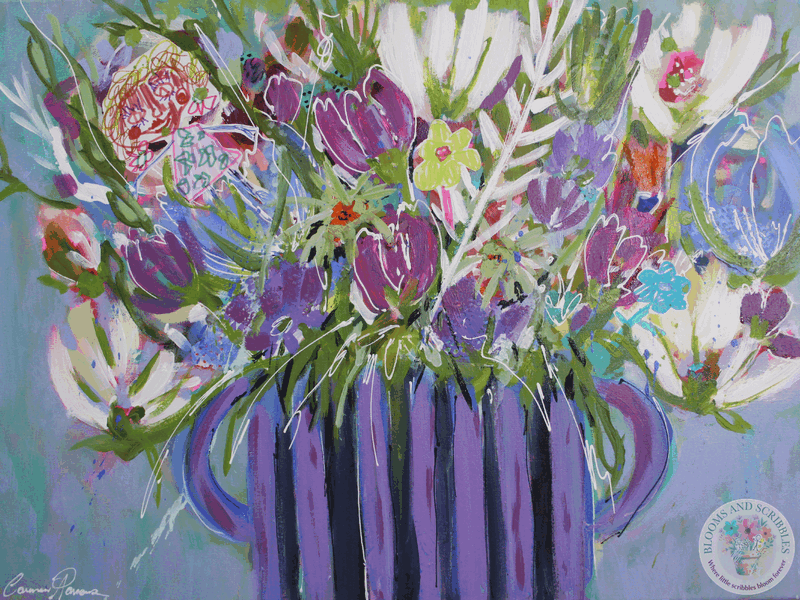 Stella's Starlight Blooms — purple and black striped pot with Stella's scribbles